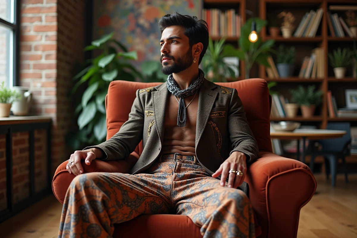Homme mode vintage assis dans un loft cosy
