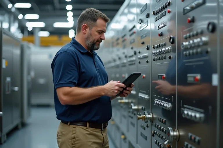 Ingénieur homme en polo examine panneau industriel