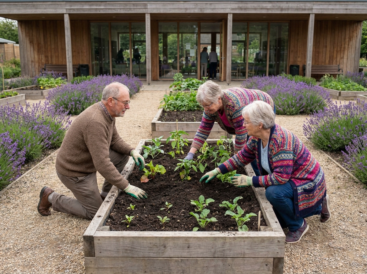 Résidents seniors jardinant ensemble dans les espaces extérieurs modernes d'une résidence pour personnes âgées