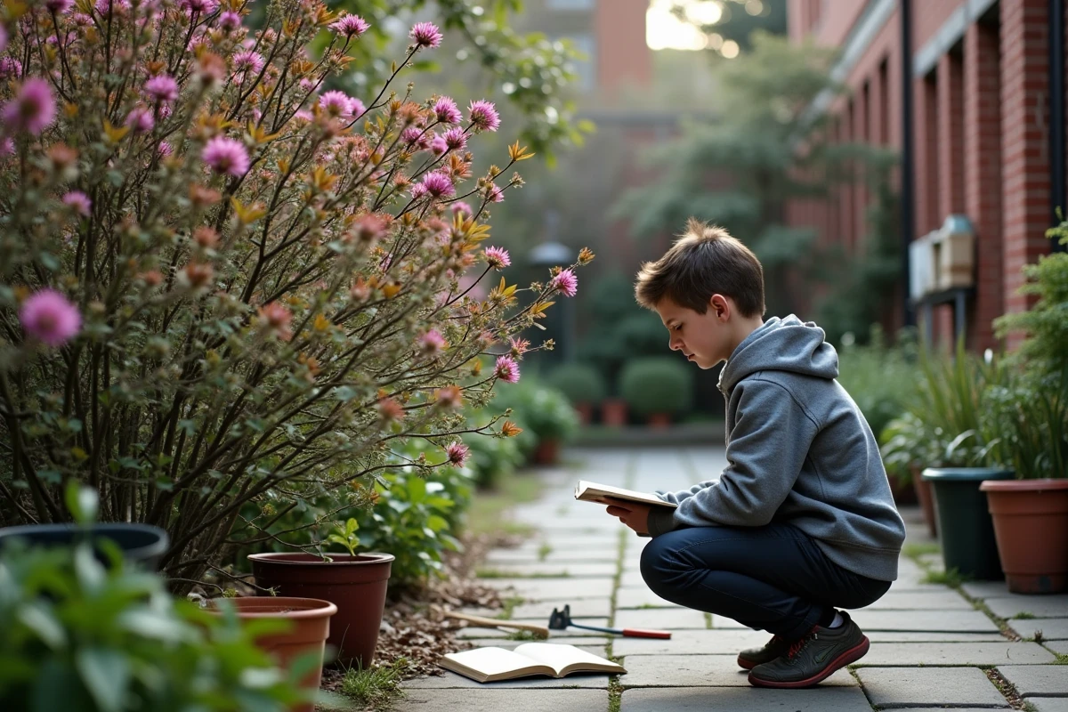 Jeune homme regardant un livre de jardinage près d’un buisson
