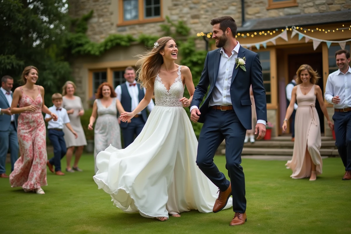 Jeune couple de mariés dansant en extérieur avec famille