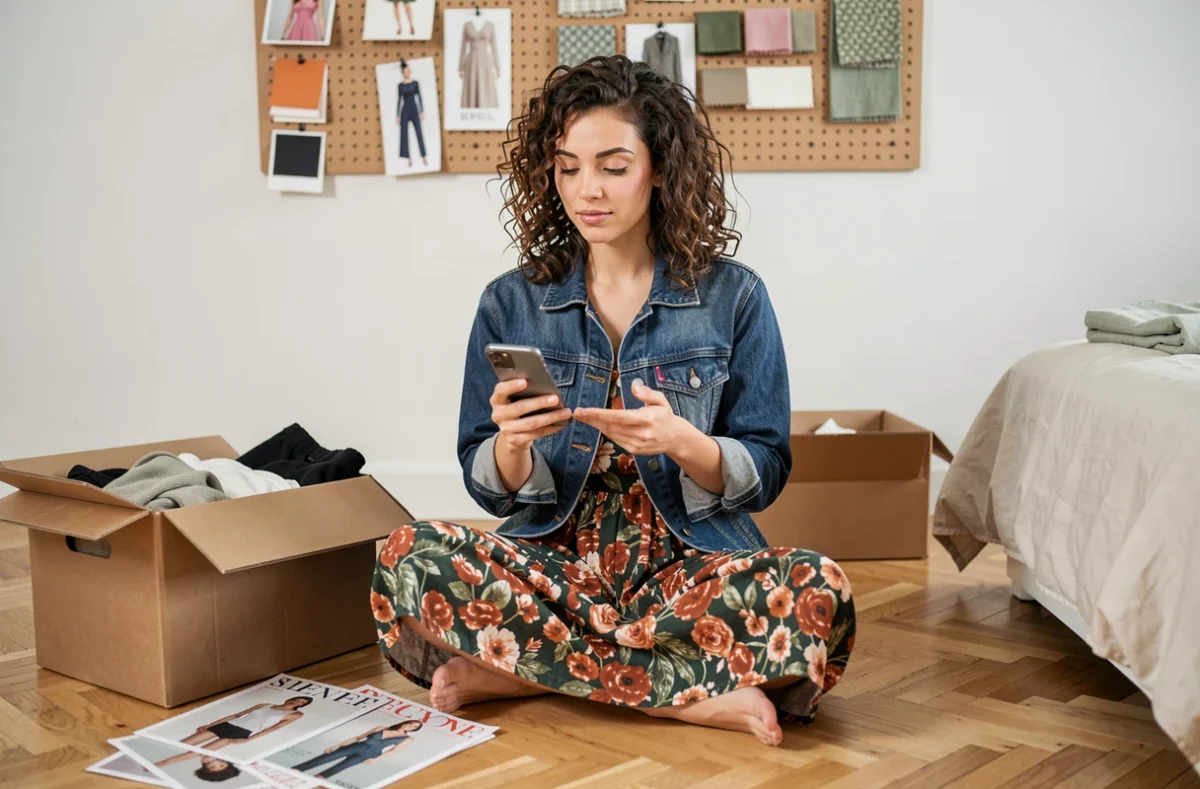 Jeune femme aux cheveux bouclés consultant une application mode sur smartphone entourée de boîtes de shopping tendance dans une chambre minimaliste