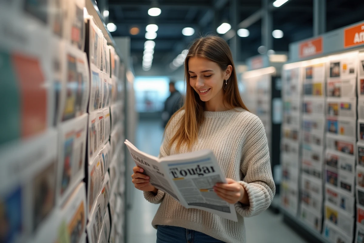 Jeune femme choisissant un journal dans un kiosque moderne