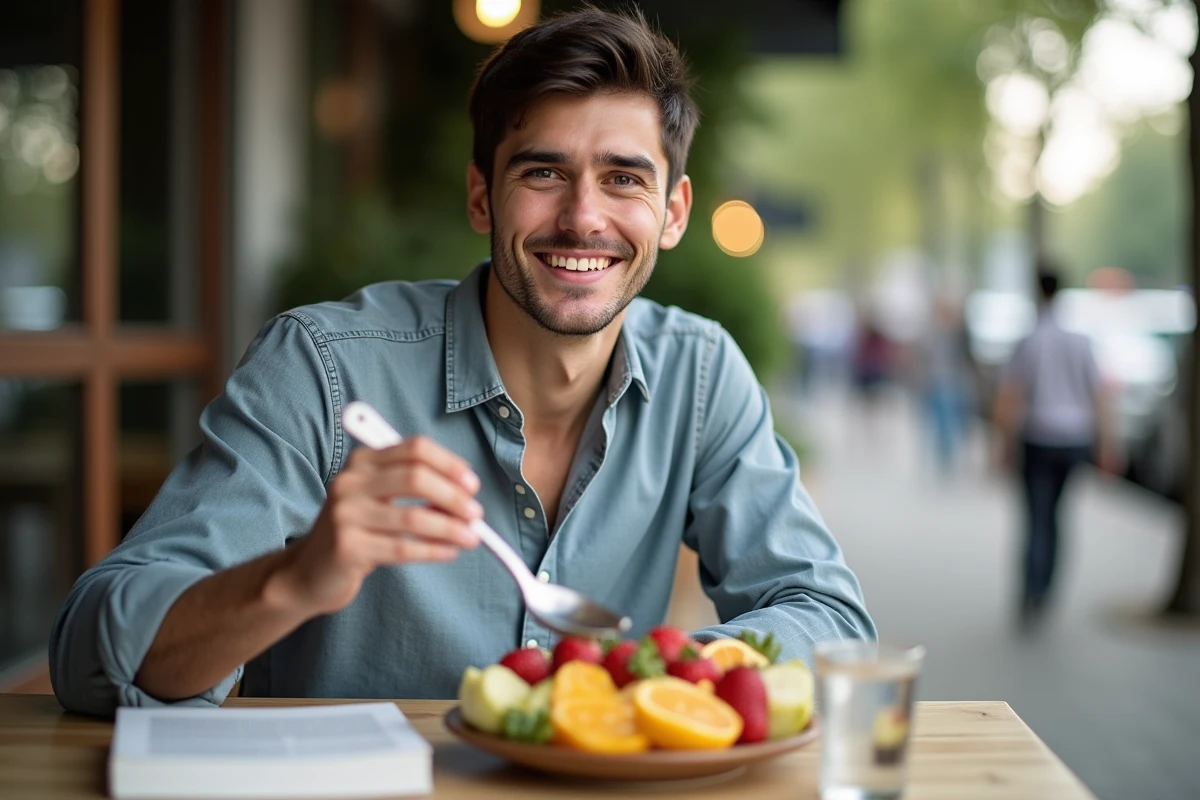 Jeune homme souriant avec salade de fruits en extérieur