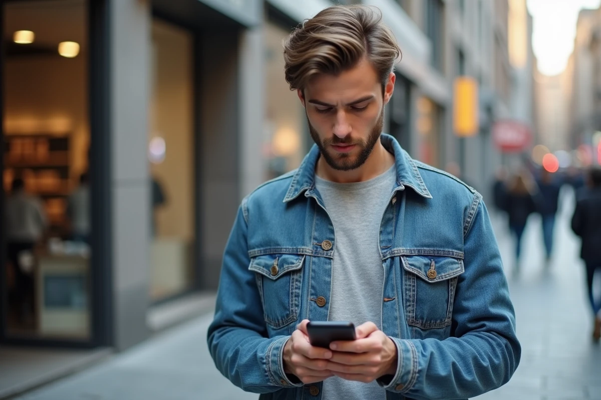 Jeune homme en ville vérifiant son smartphone avec scepticisme