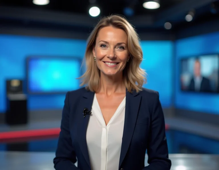 Journaliste de télévision professionnelle en pied dans un studio de news moderne, silhouette élégante en veste marine