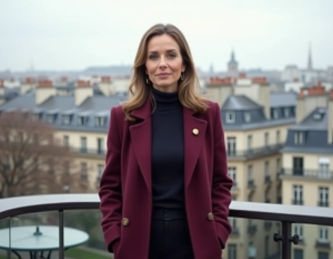 Journaliste TV en plein air sur terrasse parisienne, silhouette entière mise en valeur avec toits de Paris en arrière-plan