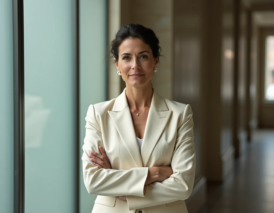 Femme élégante devant un palais de justice en marbre, symbolisant le contexte judiciaire entourant l'histoire de Julianna Farrait et Frank Lucas