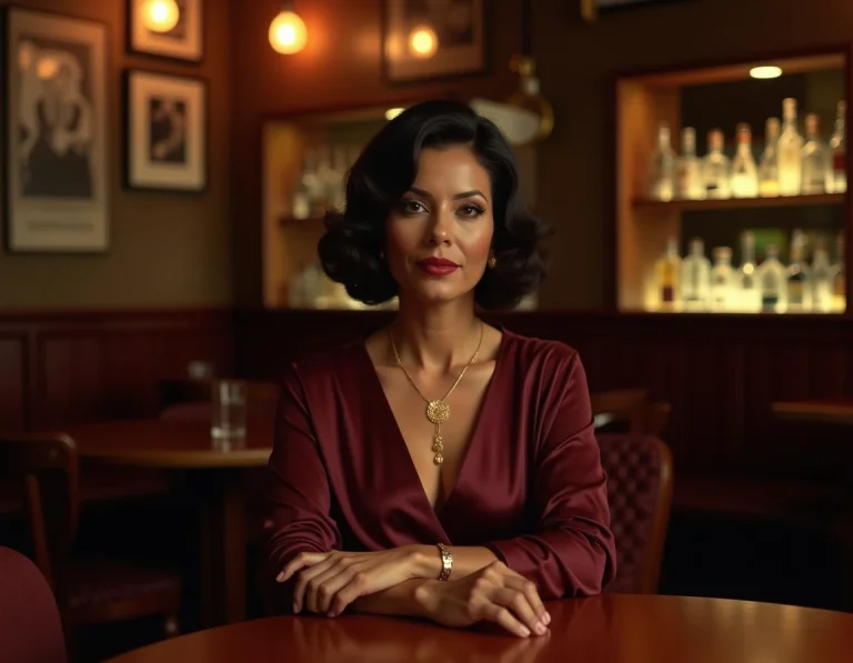 Portrait d'une femme élégante d'inspiration années 1970 dans un club de jazz vintage, évoquant le mystère et le glamour de l'époque de Frank Lucas