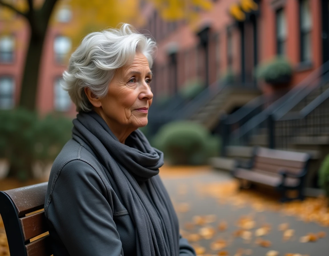 Femme mature assise sur un banc dans un parc new-yorkais en automne, illustration contemplative de la vie de Julianna Farrait après les années turbulentes aux côtés de Frank Lucas