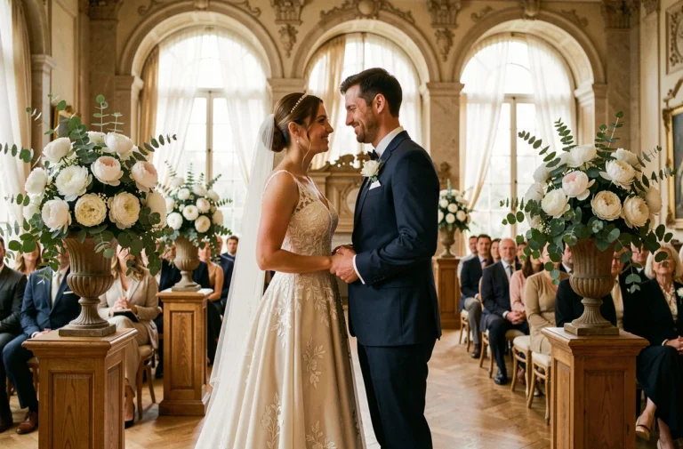 Couple de mariés souriants à l'autel d'un château français décoré de pivoines blanches et de drapés de tulle