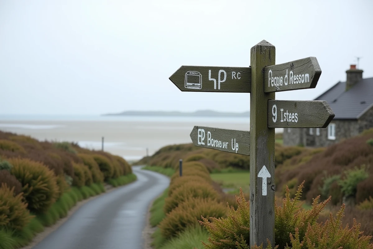 Panneau de signalisation en bois indiquant le parking et les accès au site de Saint Cado dans le Morbihan