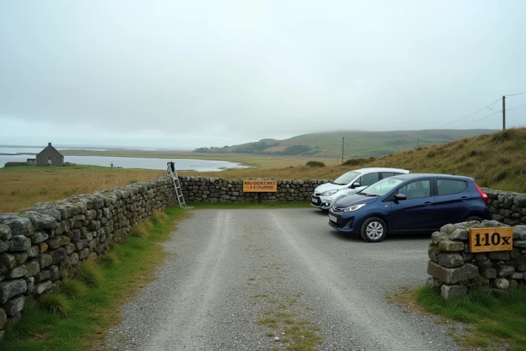 Petit parking en gravier proche du village breton de Saint Cado avec vue sur le marais et l'île de Saint Cado