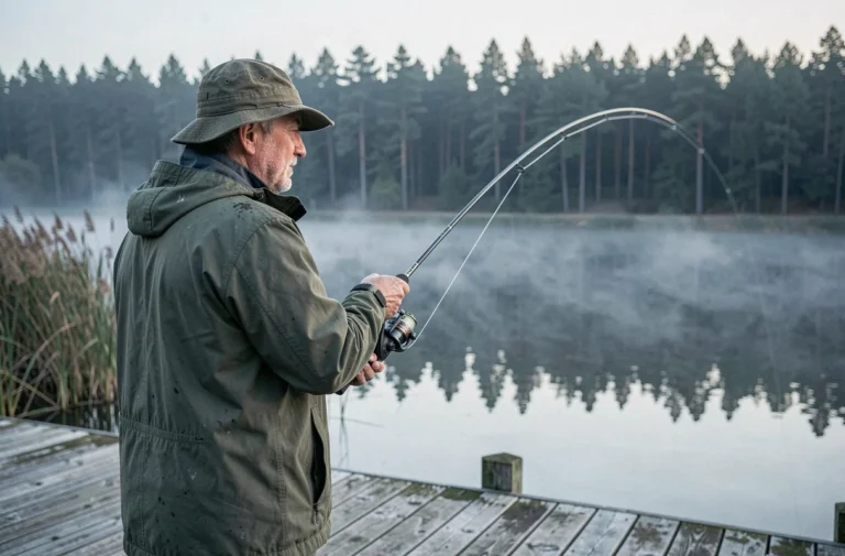 Pêcheur en veste imperméable lançant sa ligne depuis un ponton en bois au bord d'un lac brumeux à l'aube