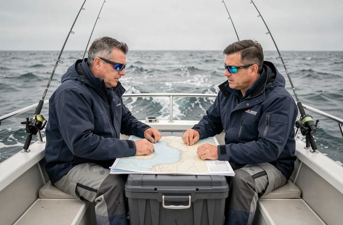 Deux pêcheurs en mer consultant une carte nautique à bord d'un bateau de pêche par temps couvert