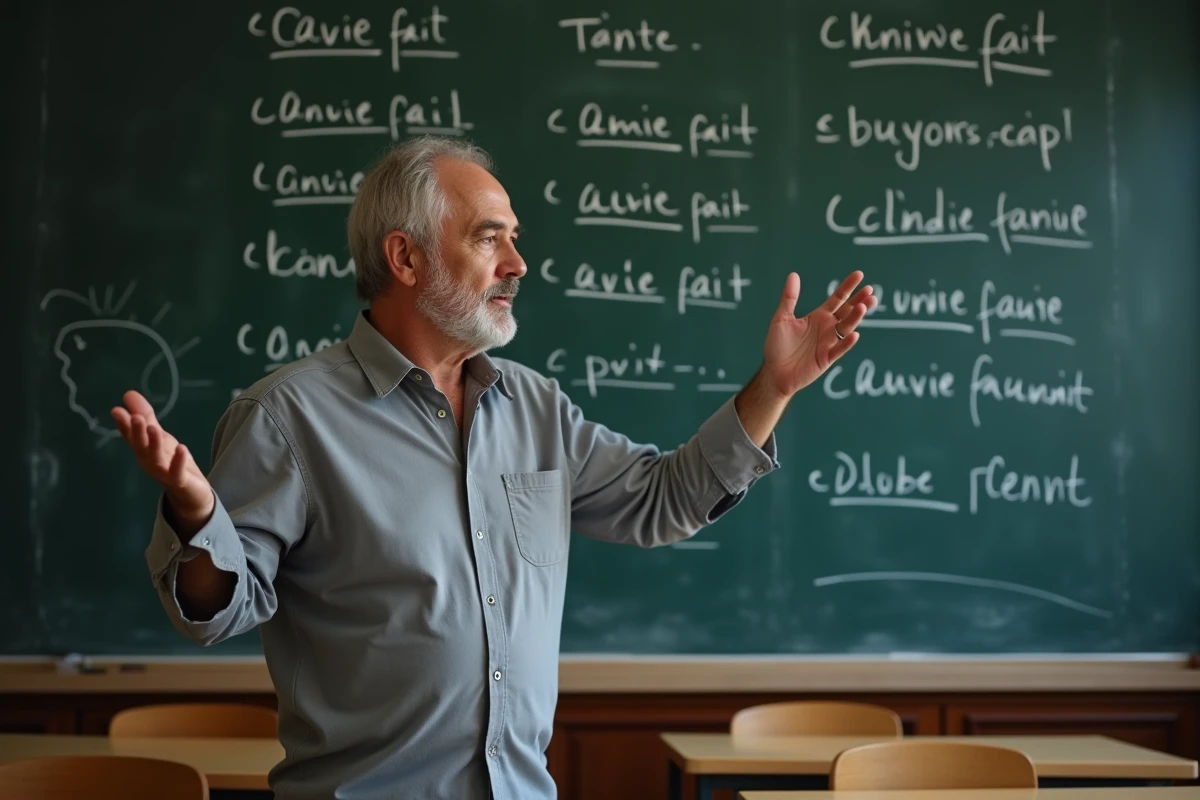 Professeur de français devant un tableau noir avec la conjugaison du verbe avoir fait écrite à la craie