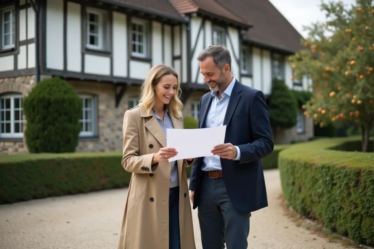 Couple de professionnels examinant des plans architecturaux devant une maison normande à colombages traditionnelle entourée de verdure