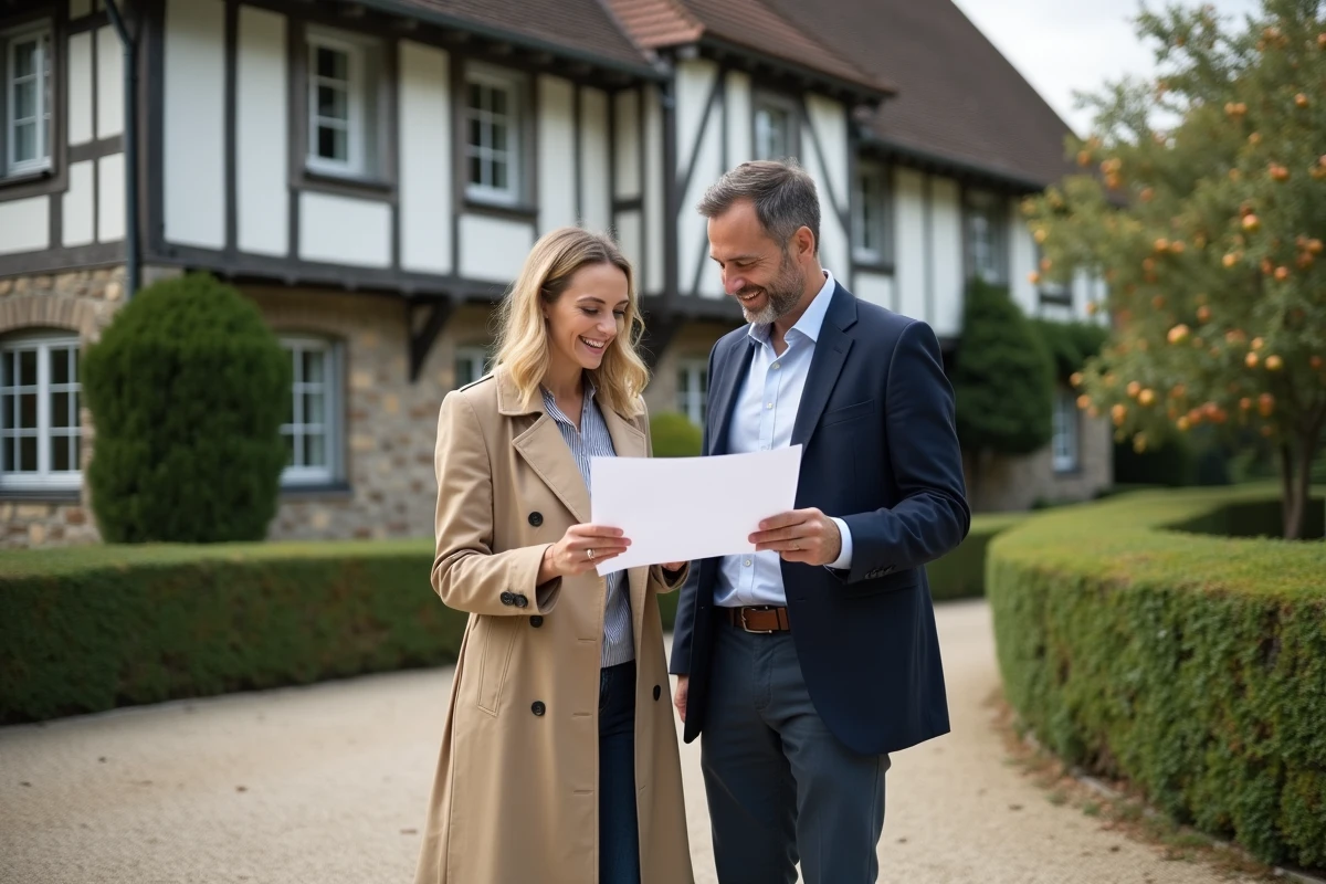 Couple de professionnels examinant des plans architecturaux devant une maison normande à colombages traditionnelle entourée de verdure