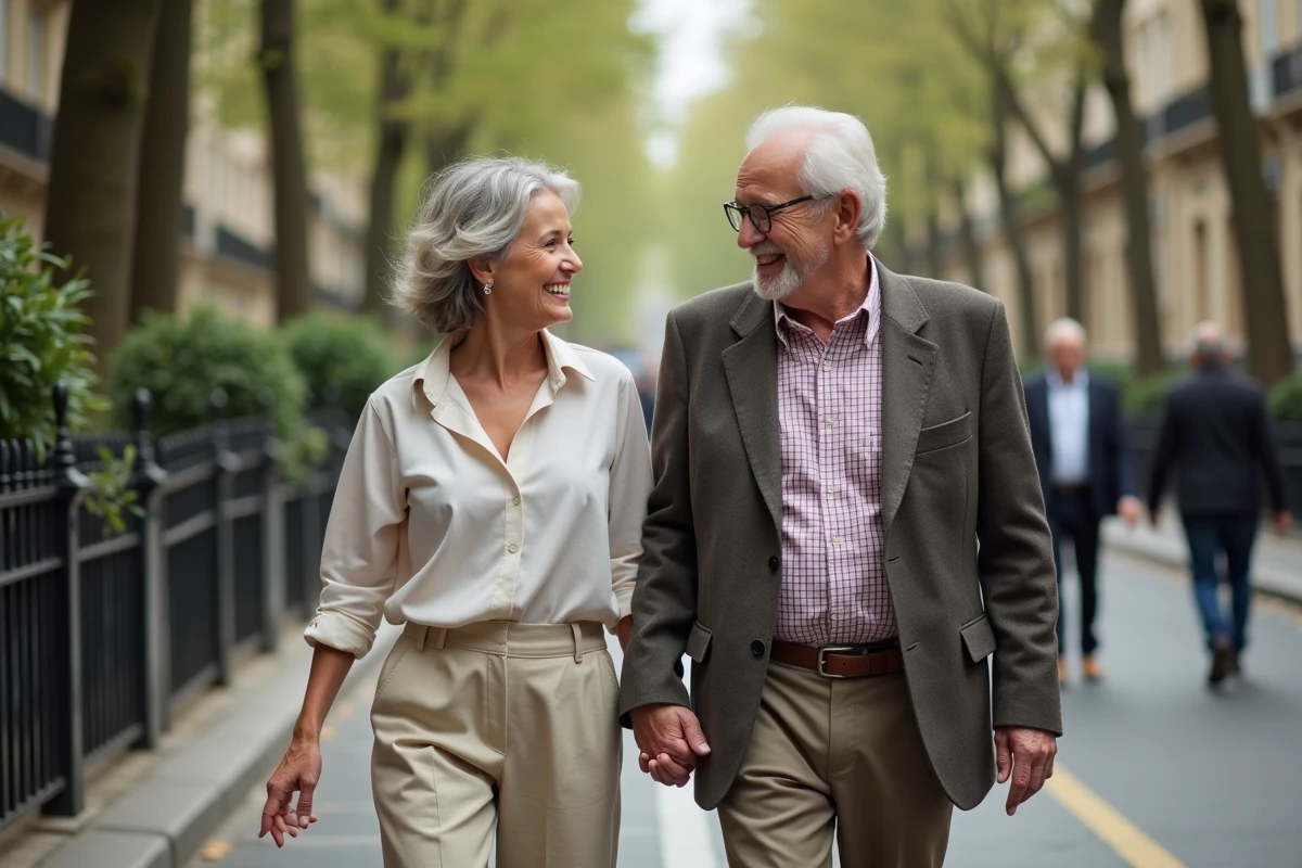 Couple âgé se promenant dans une rue parisienne