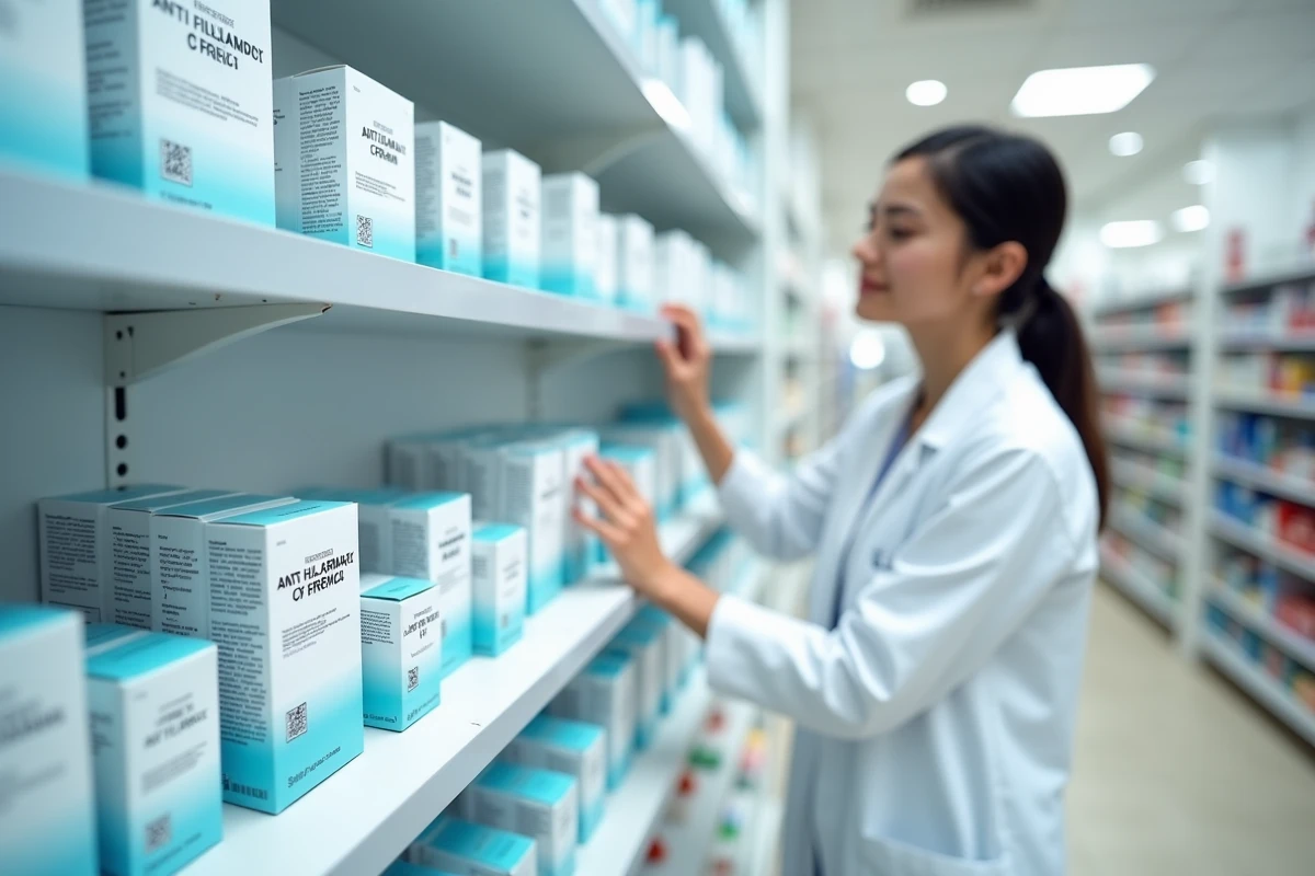 Rayon de pharmacie avec plusieurs pommades anti-inflammatoires sans ordonnance et une pharmacienne en arrière-plan