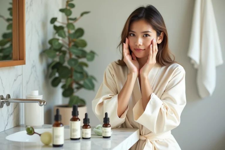 Femme appliquant une crème hydratante devant une coiffeuse en marbre dans une salle de bain scandinave minimaliste