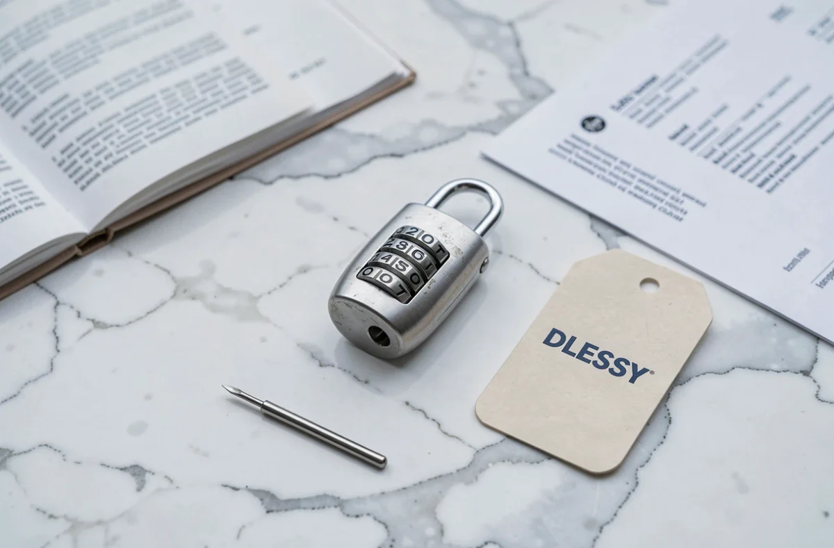 Vue à plat d'une serrure TSA007 de valise Delsey posée sur un comptoir en marbre avec un outil de réinitialisation et une étiquette de bagage