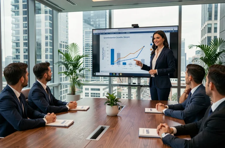 Une femme d'affaires présente une stratégie de croissance d'entreprise lors d'une réunion en salle de conférence moderne avec vue sur la ville
