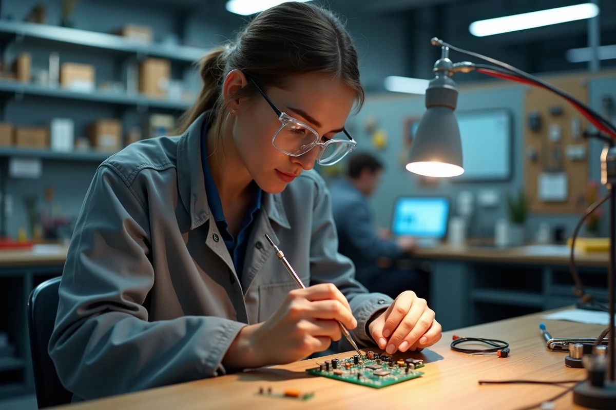 Jeune femme soudant circuit imprimé dans laboratoire moderne