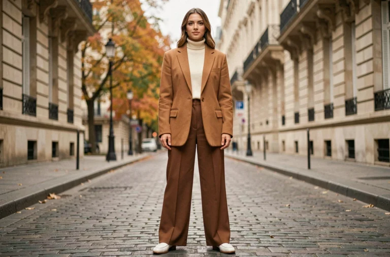Femme élégante en blazer camel oversize et pantalon large sur un trottoir parisien en automne, look tendance mode saison