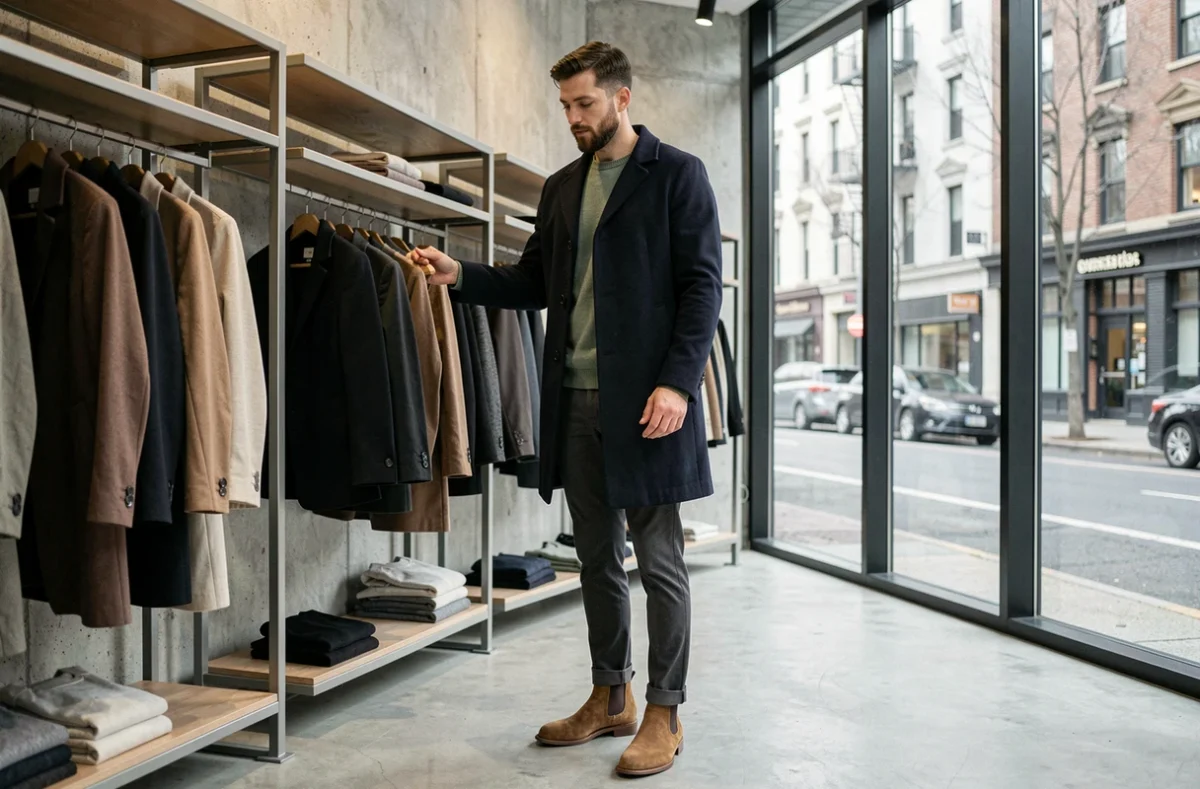 Homme stylé en manteau peacoat marine et pull vert sauge dans un concept store minimaliste, tendances mode masculine hiver