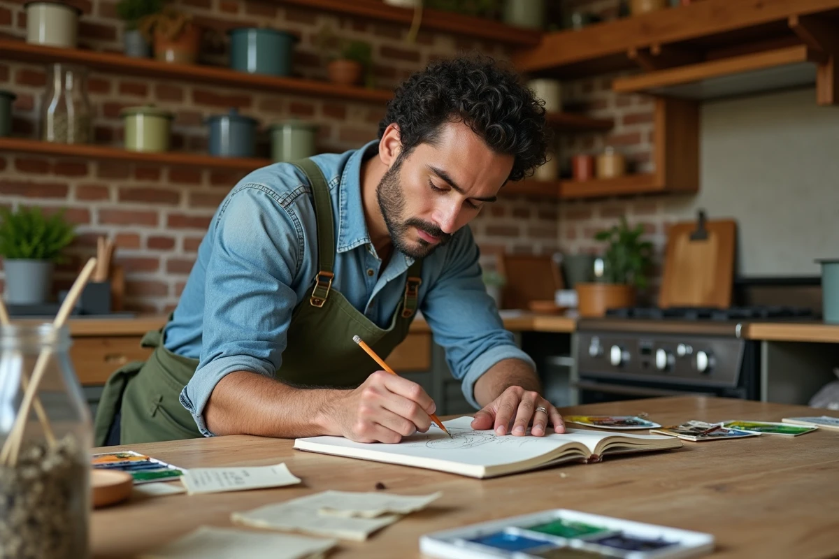 Homme travaillant de manière créative dans une cuisine artisanale chaleureuse entourée d'objets faits main