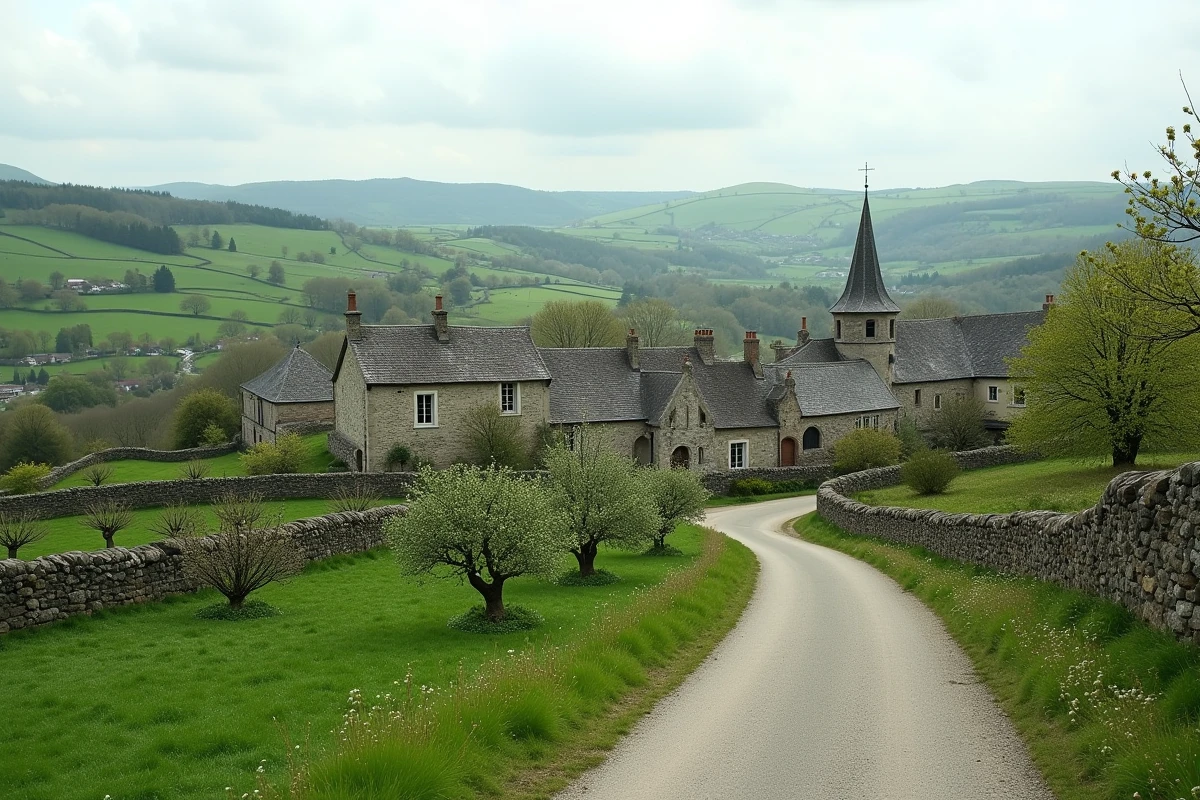 Vue panoramique d'un village normand typique avec maisons en pierre et toits en ardoise nichés dans les collines verdoyantes de Normandie