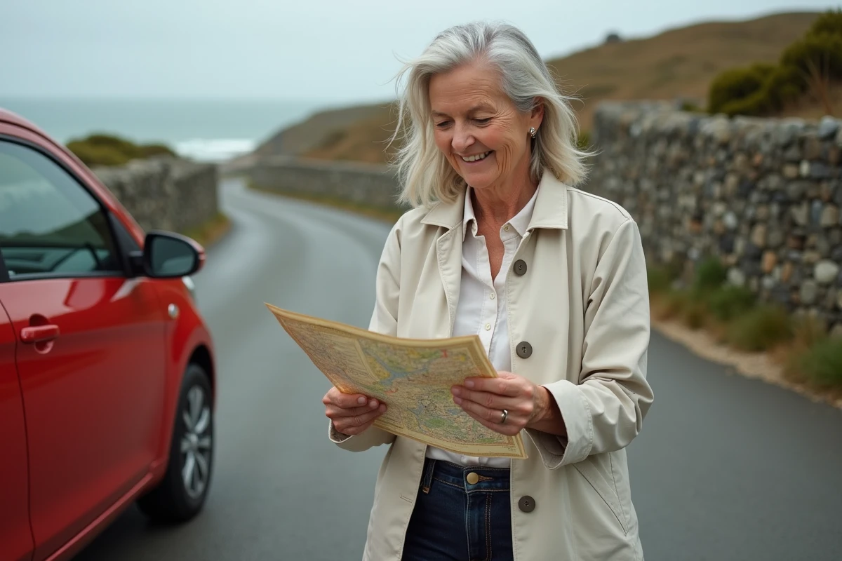 Femme consultant une carte routière près de sa voiture garée sur une route étroite en Bretagne près de Saint Cado