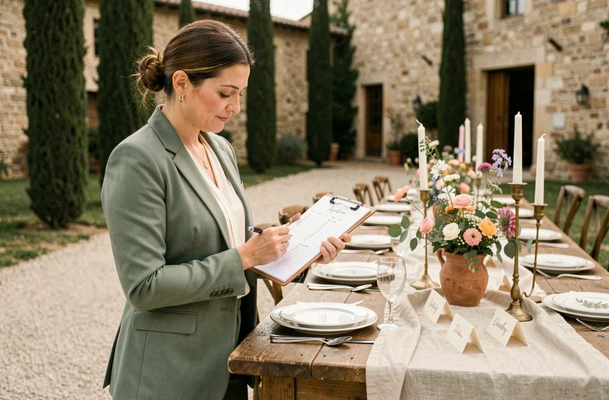 Wedding planner consultant vérifiant les préparatifs d'une table de mariage en plein air dans un mas provençal